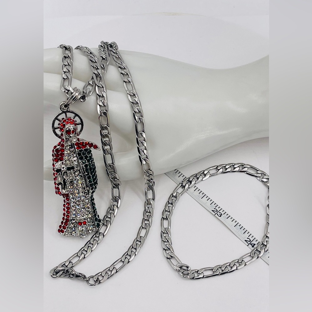 Grim Reaper With Rhinestones Necklace And Bracelet Stainless Steel